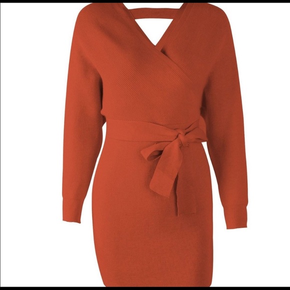 Women's V Neck Sweater Dress Long Sleeve Backless Bodycon Dress w/Belt - Picture 8 of 10